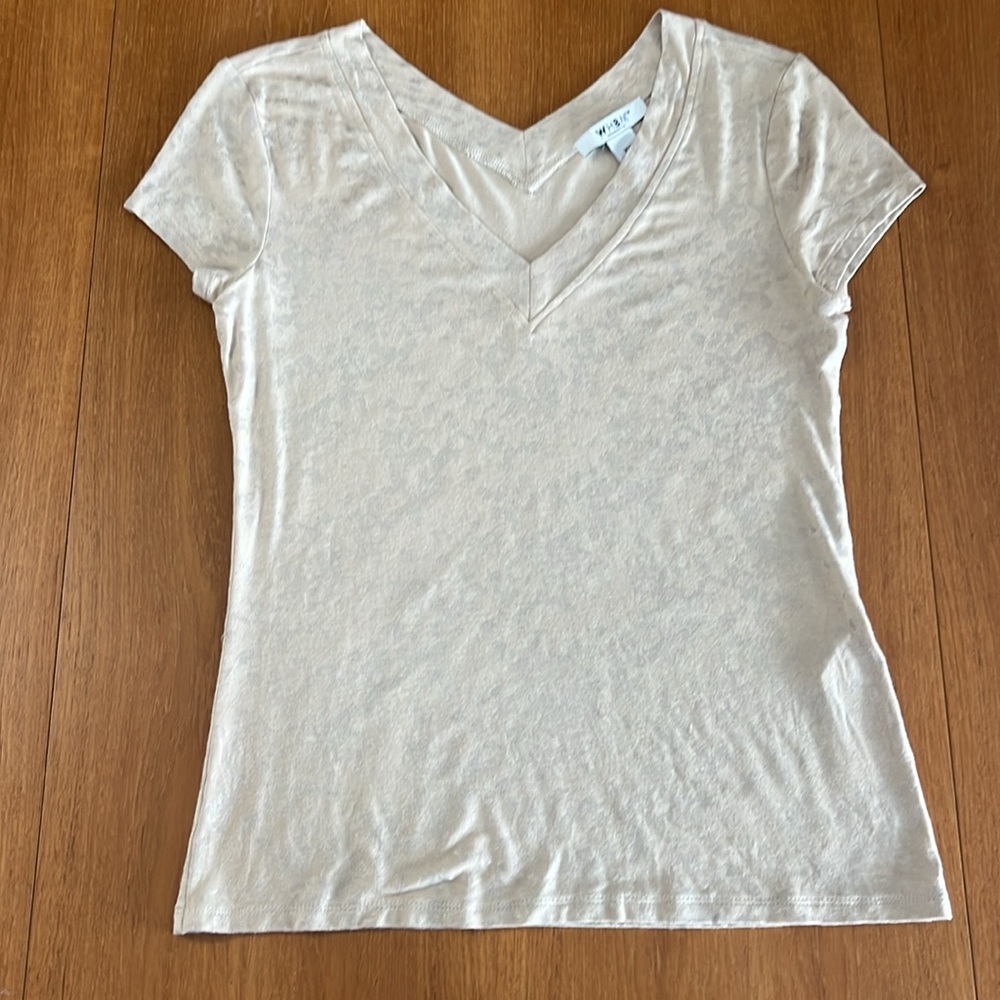 WHBM Woman’s V-Front & Back, Tan Metallic Print T-Shirt, Cap Sleeve, Size XXS